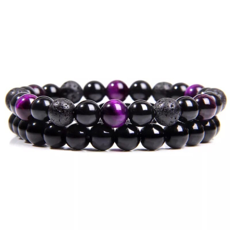 Комплект браслетів з лавового каменю, агату та тигрового ока фіолетового кольору (12037) - 1