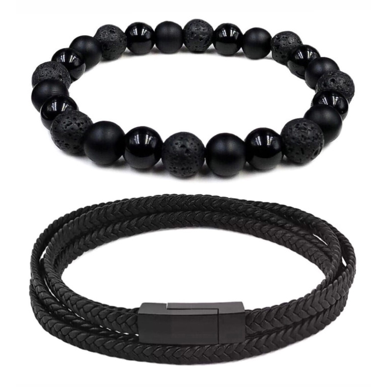 Комплект браслетів зі шкіри у вигляді намотки чорного кольору та міксу із шунгіту, агату та лави (12074) - 1