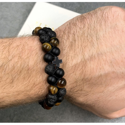 Подвійний браслет із чорного оніксу, лавового каменю та тигрового ока з хрестом із гематиту (18013)