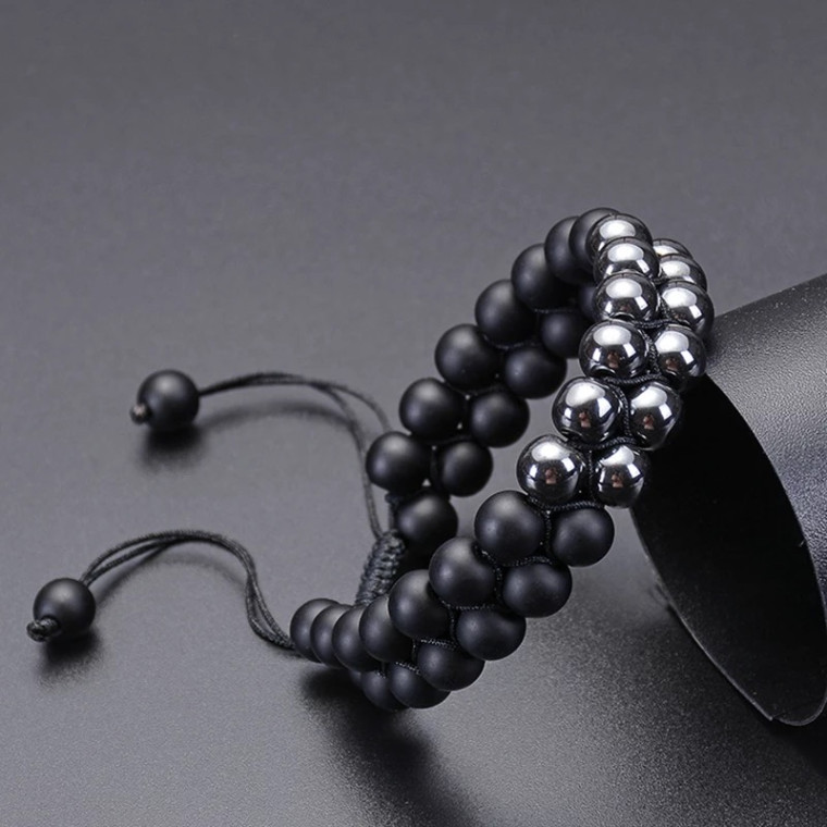 Подвійний плетений браслет із шунгіту та гематиту (80134) - 4