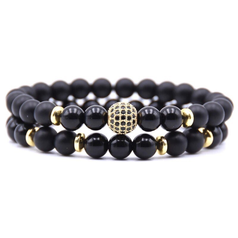 Комплект браслетів із шунгіту та агату з кулею золотого кольору (12018) - 1